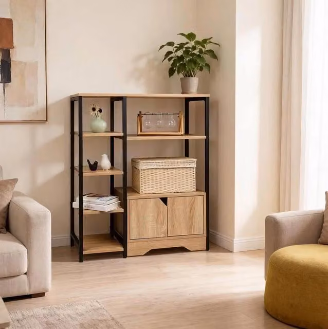 Libreria ULEVR 80x35x97 cm con 4 ripiani e vano con anta, cassetto, effetto rovere chiaro