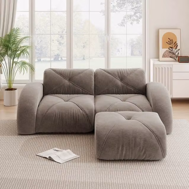 Divano modulare con pouf in chenille taupe