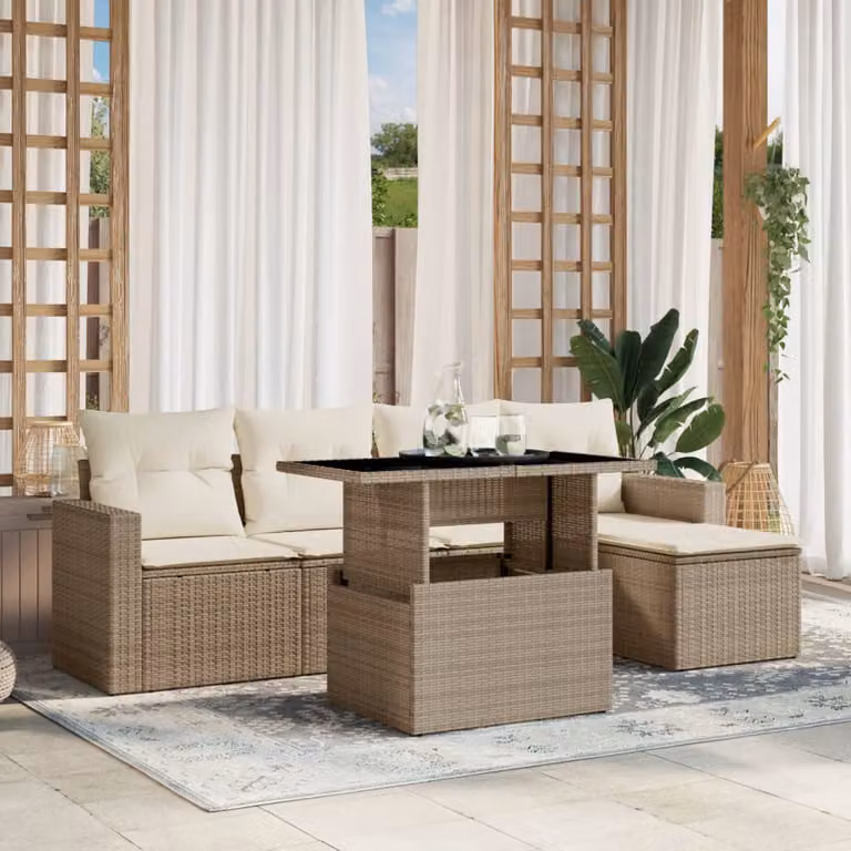 Set Divano da Giardino 6 pz vidaXL in Polyrattan Beige con Cuscini e Tavolino