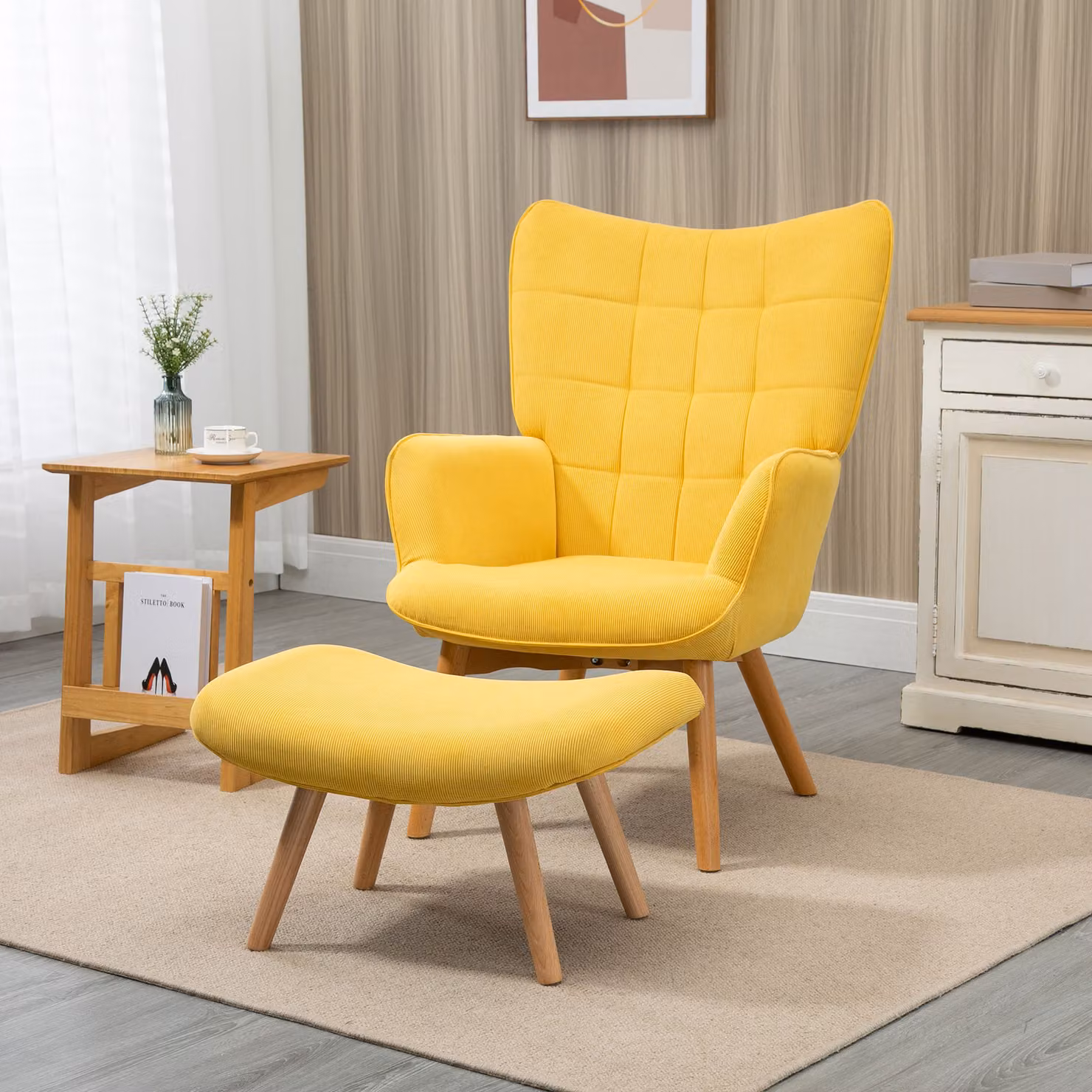 Poltrona Relax HOMCOM con Pouf in Effetto Corda e Gambe in Legno, Giallo – 2
