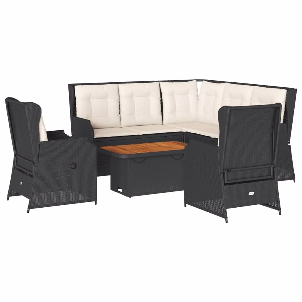 set 6 pezzi da giardino con cuscini in poly rattan nero