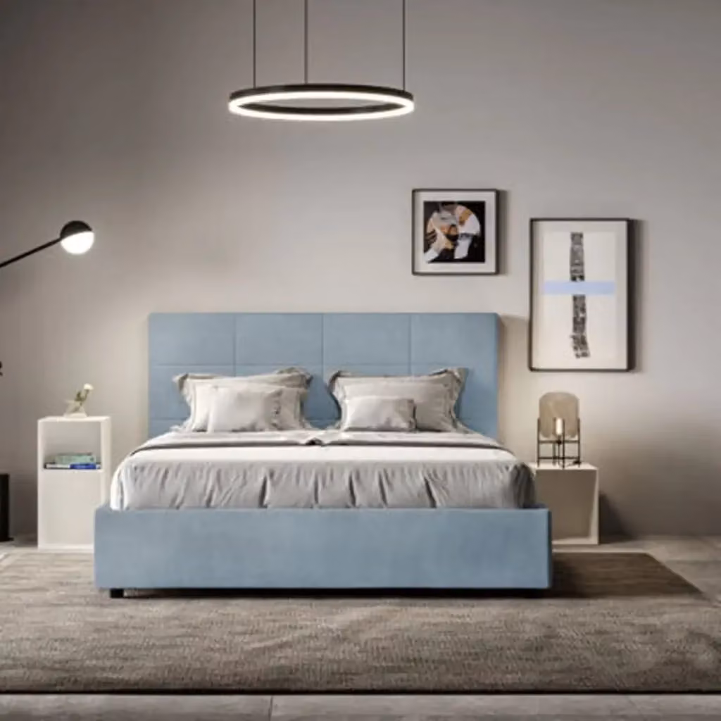 Letto matrimoniale contenitore imbottito Ityhome in microfibra azzurro L 160 x P 230 x H 122 cm – 2
