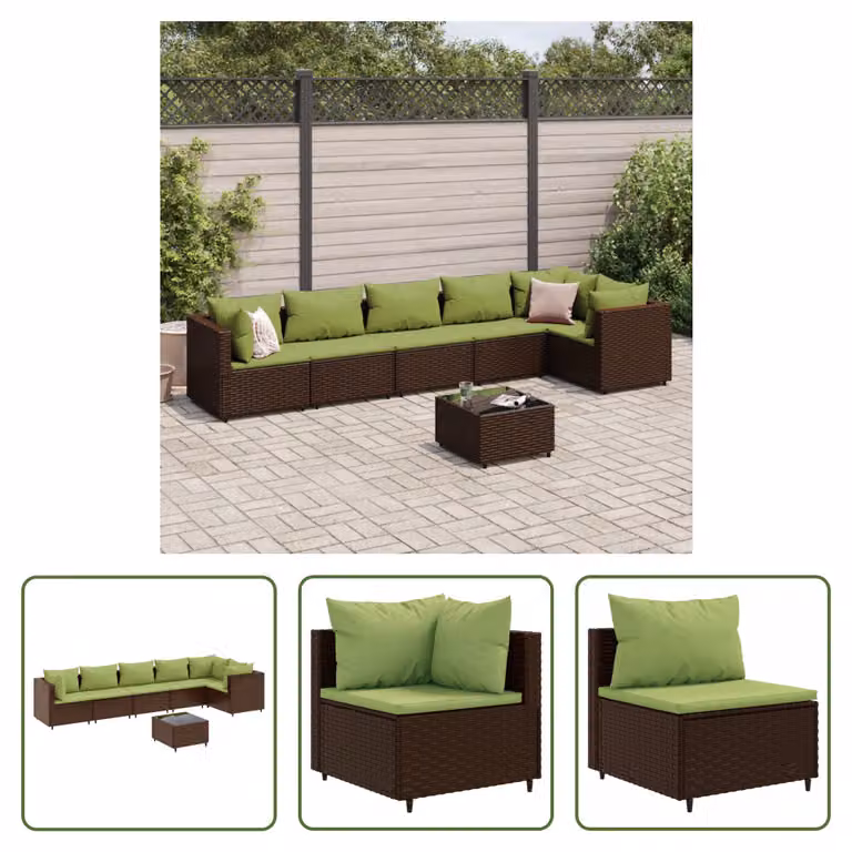 The Living Store Set da salotto da giardino 7 pezzi con cuscini in poly rattan marrone