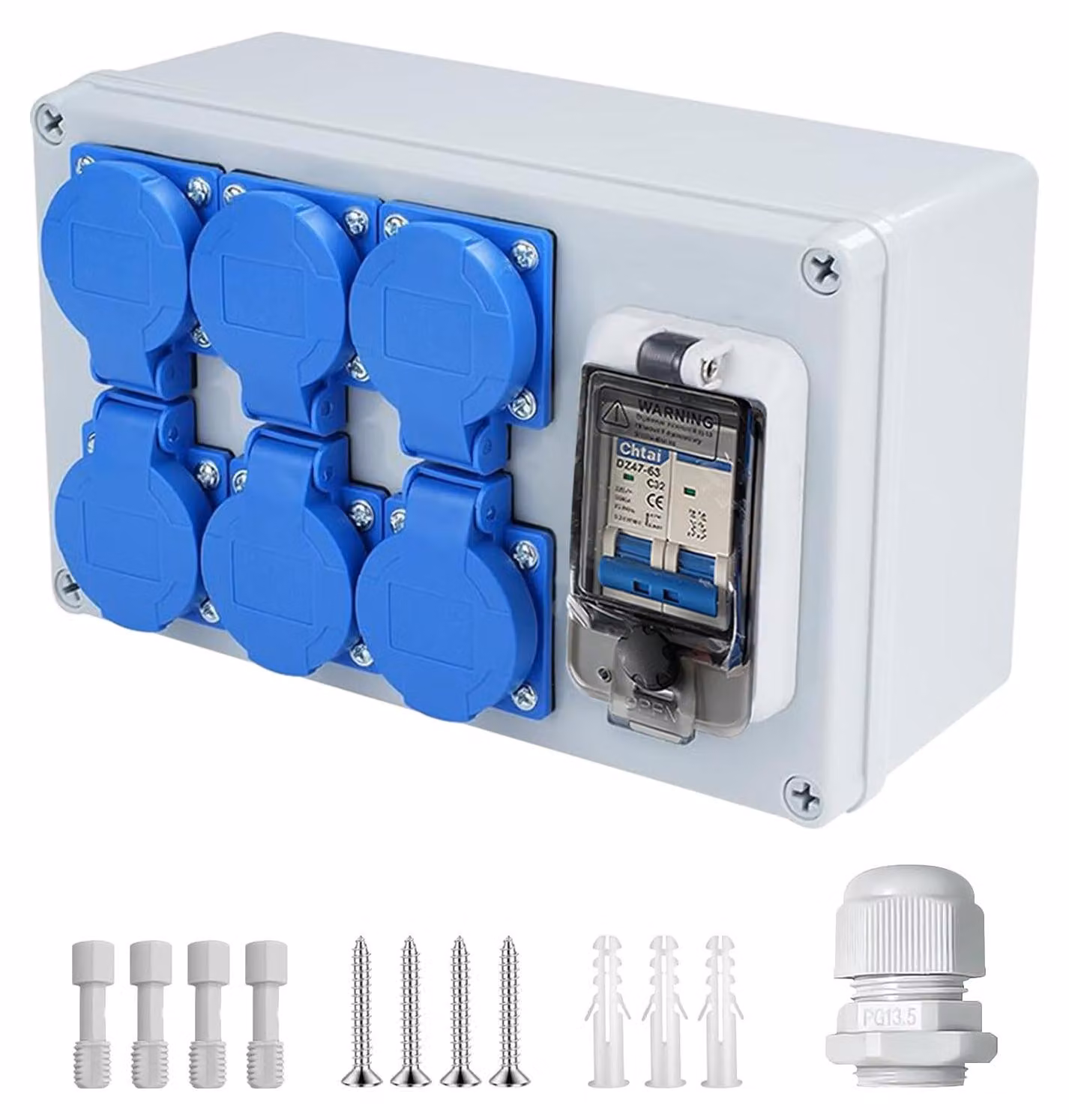 Distributore di corrente, 16 A, 6 prese, grado di protezione IP54 (resistente all'acqua), quadro elettrico da parete con interruttore differenziale da 63 A