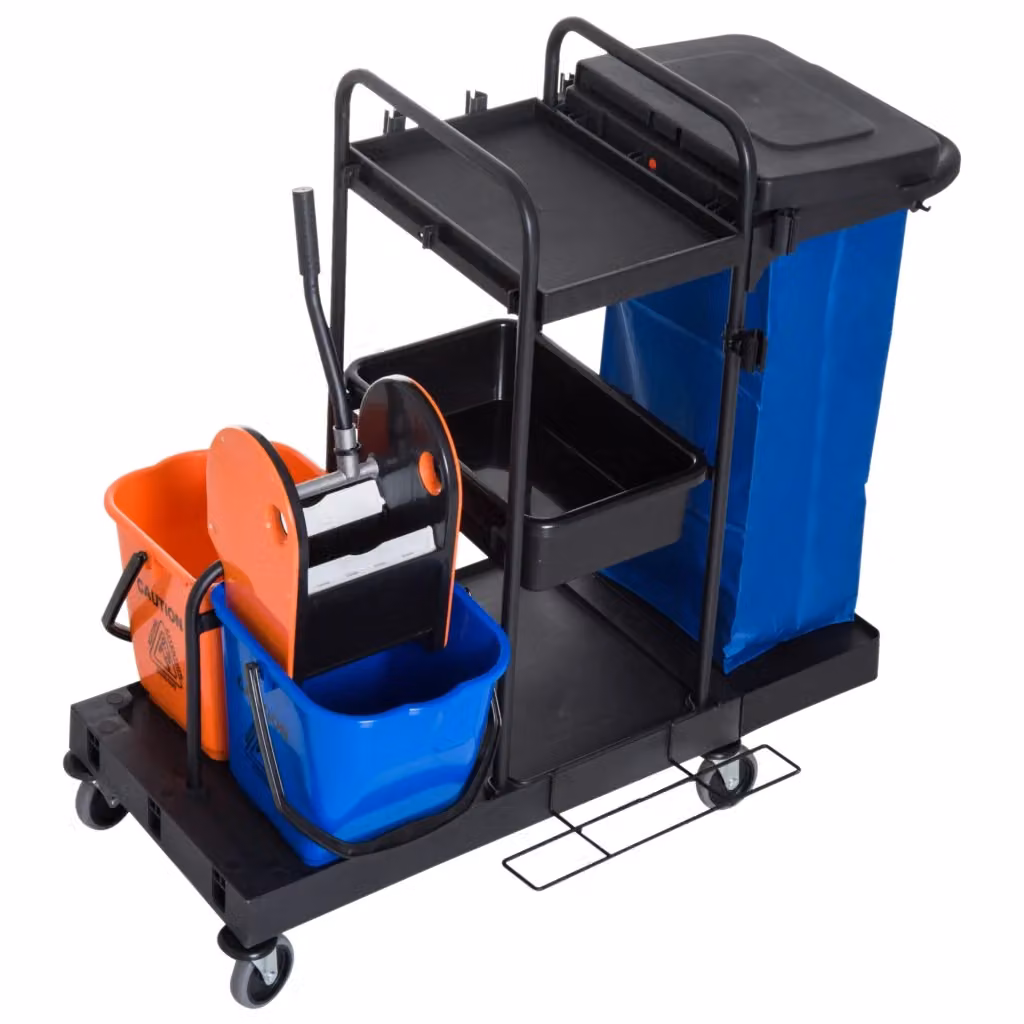 Carrello per pulizia Minimal a 3 livelli con pressa, 2 secchi da 18 l, sacco rifiuti e 4 ruote disponibile in nero, blu o arancione – 2