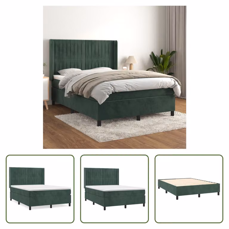The Living Store Letto a molle con materasso verde scuro 140x190 cm in velluto