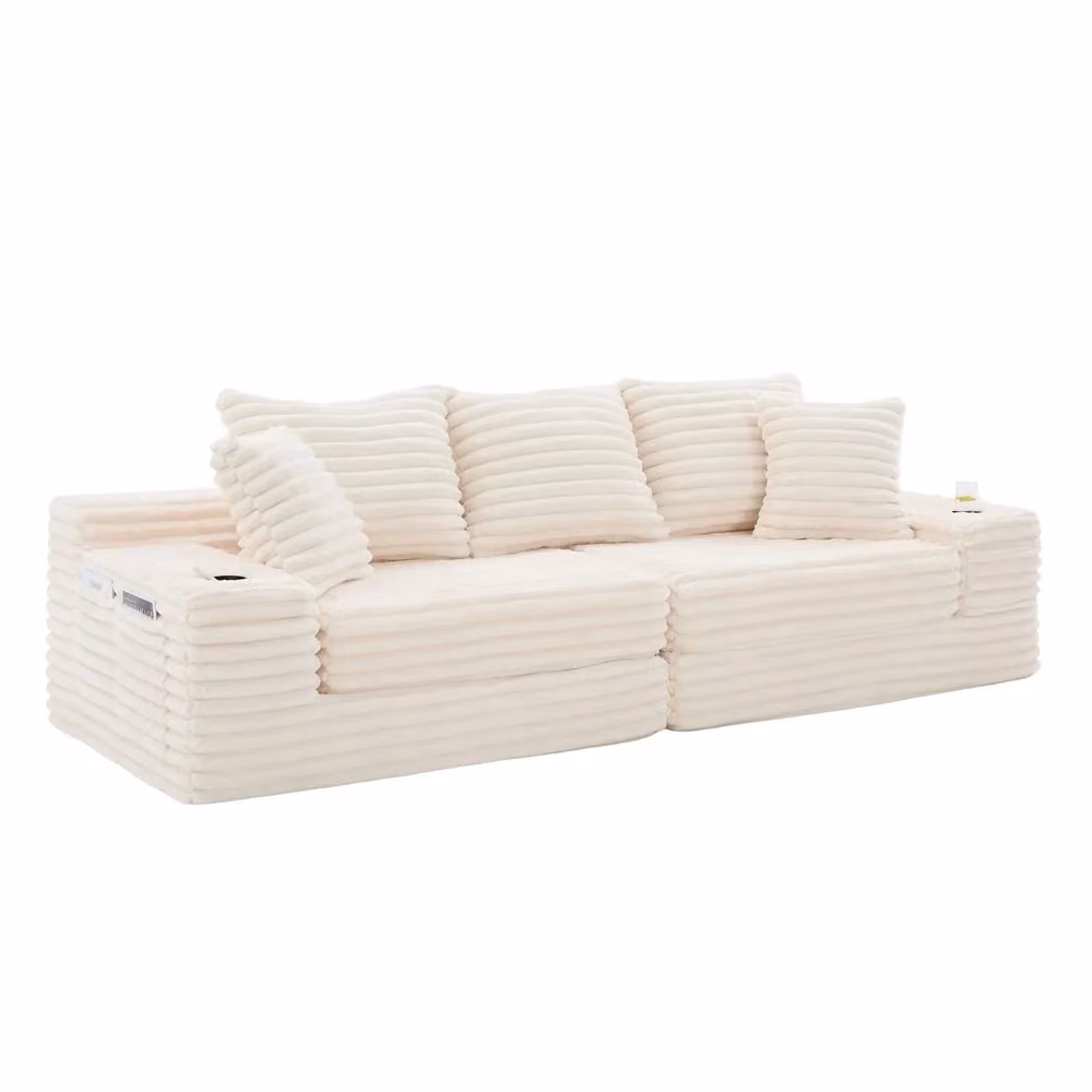 Divano letto Minimal beige in tessuto con cuscini e funzione letto per soggiorno – 2