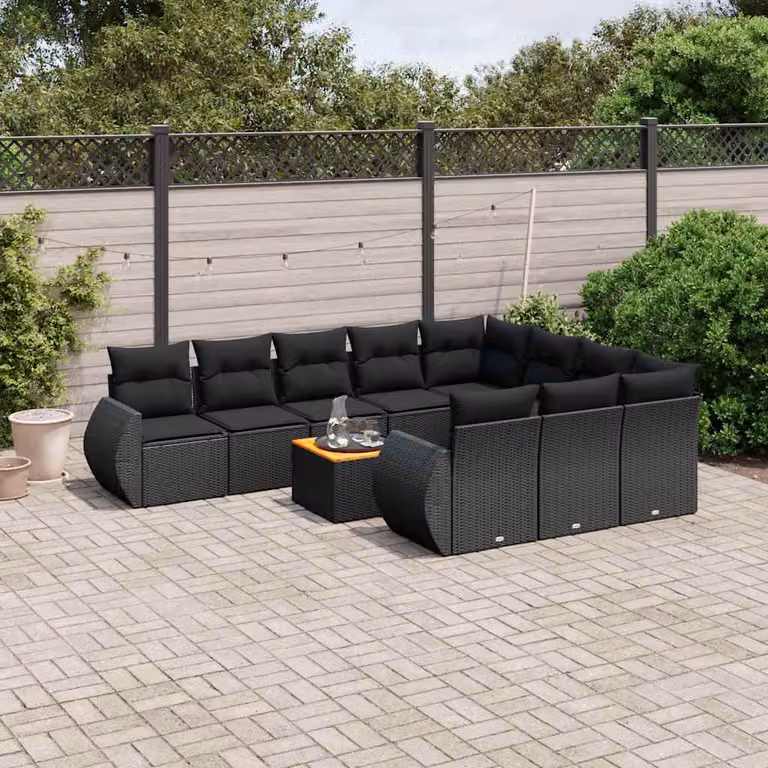 vidaXL Set Divani da Giardino 11 pz in Polyrattan Nero con Cuscini e Tavolino da Esterno a Forma di L
