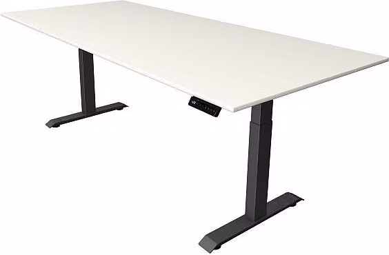Scrivania Kerkmann Move 4 regolabile elettricamente in altezza, bianca, rettangolare, con base a T grigia, 250,0 x 100,0 cm