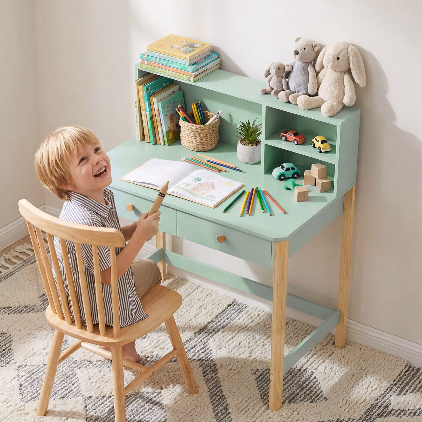 Scrivania per bambini AIYAPLAY in legno con 3 ripiani e 2 cassetti, Verde, L 90 cm x P 52 cm x H 105 cm – 2