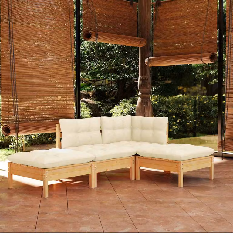 Set di divani da giardino vidaXL a forma di L composto da 4 pezzi con cuscini beige in legno massello di pino trattato