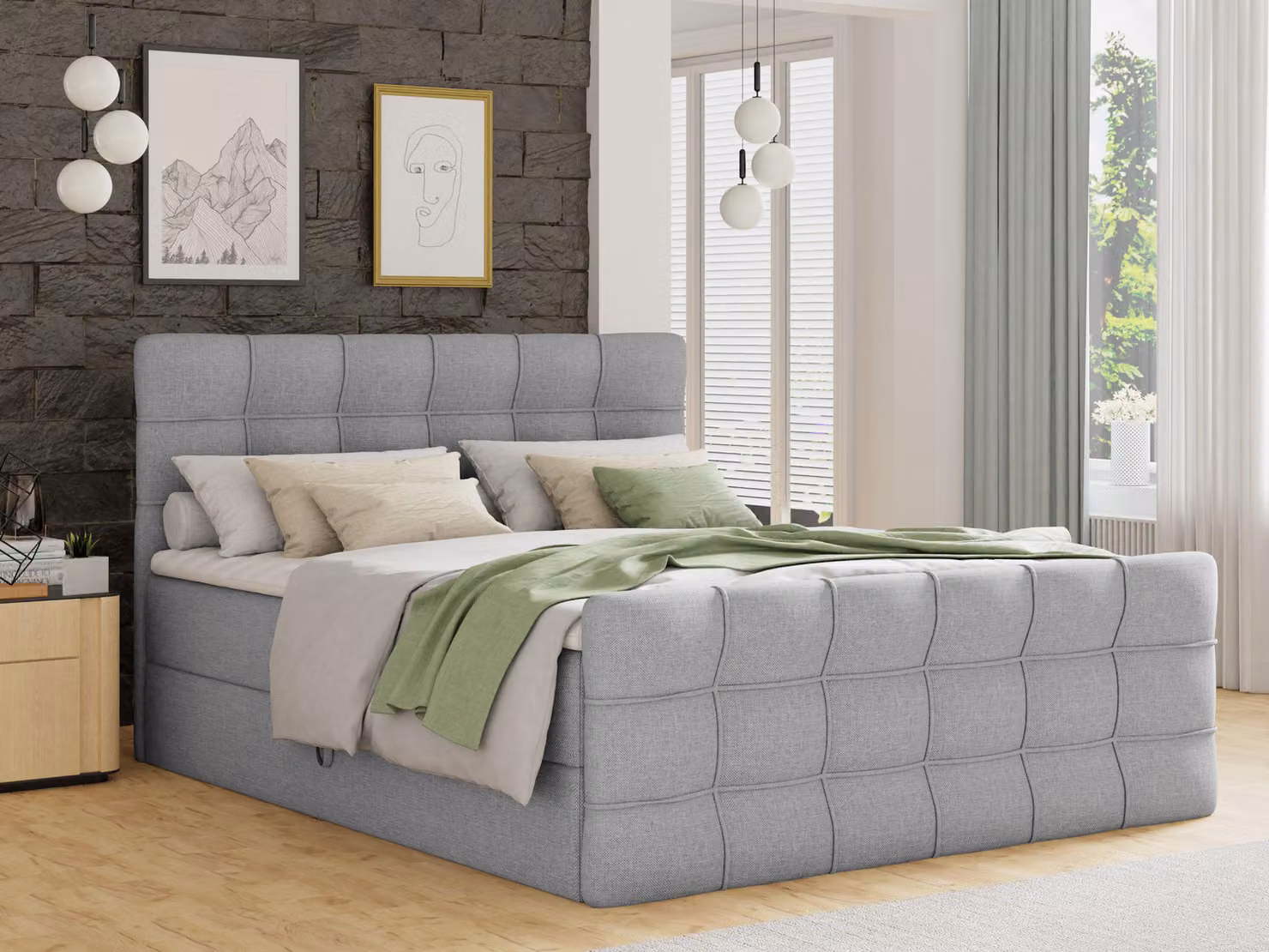 Letto boxspring Best Lux con pediera, 2 cassetti, materasso Bonell e topper (grigio (Inari 91), 140 x 200 cm)