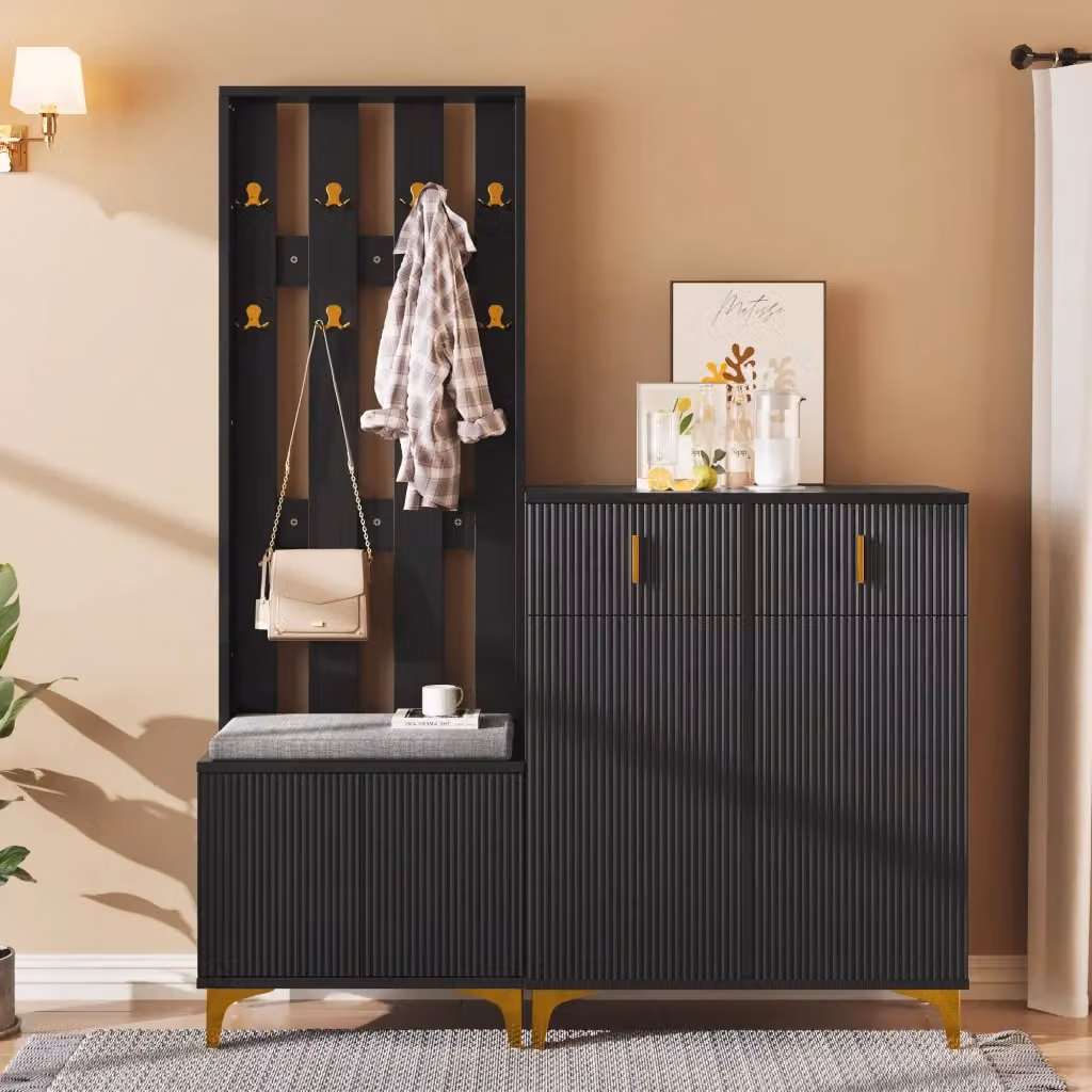 Set mobile ingresso moderno con panca portascarpe e cuscino, scarpiera con ante e cassetti, pannello con ganci, nero e oro, L: 180.5 cm, H: 83.0 cm, P: 35.2 cm – 2