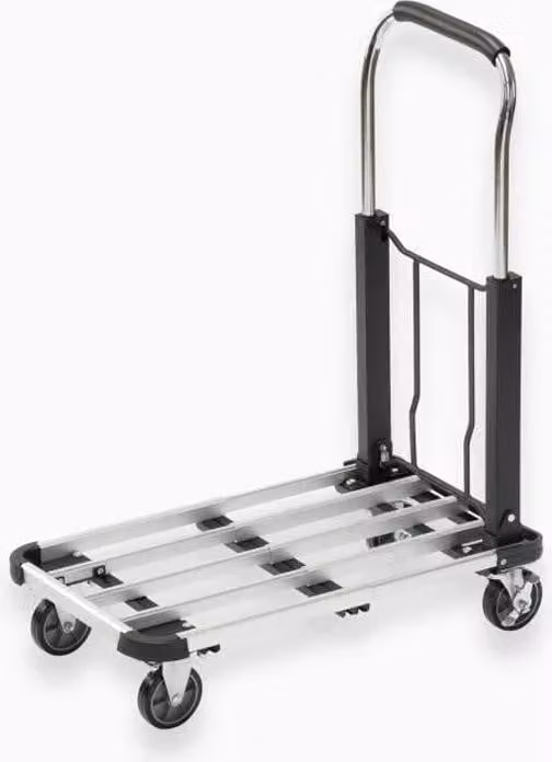 Carrello a piattaforma pieghevole Meister in alluminio, portata 150 kg, piattaforma regolabile da 420x410 mm a 630x410 mm, ruote Ø100 mm,