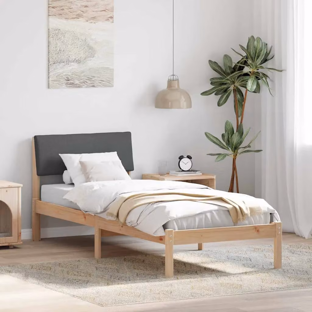 vidaXL Struttura del letto moderna in legno di pino con tessuto, marrone e grigio, L/P/H: 80 x 190 x 204 cm