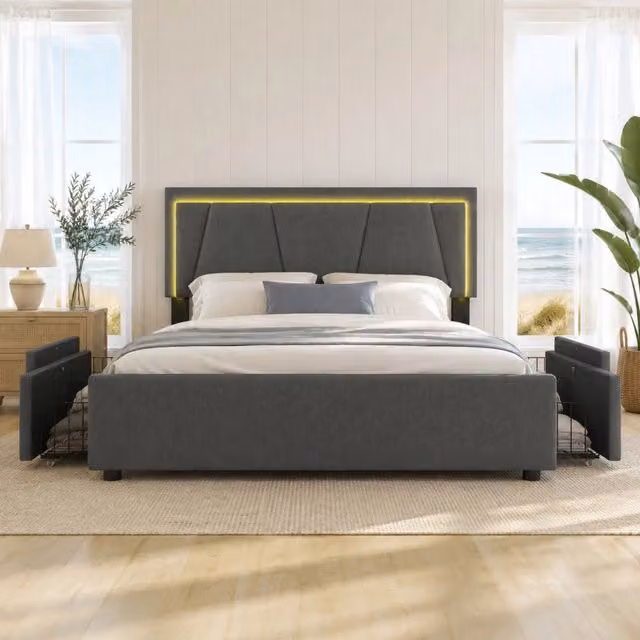 Letto matrimoniale imbottito 140 × 200 cm con LED quattro cassetti testiera regolabile grigio in legno e ferro