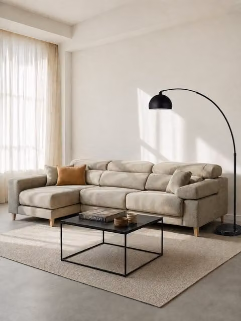 Divano Air Kenay Home a 4 posti con chaise longue sinistra, colore perla, reclinabile ed estraibile, L: 298 cm