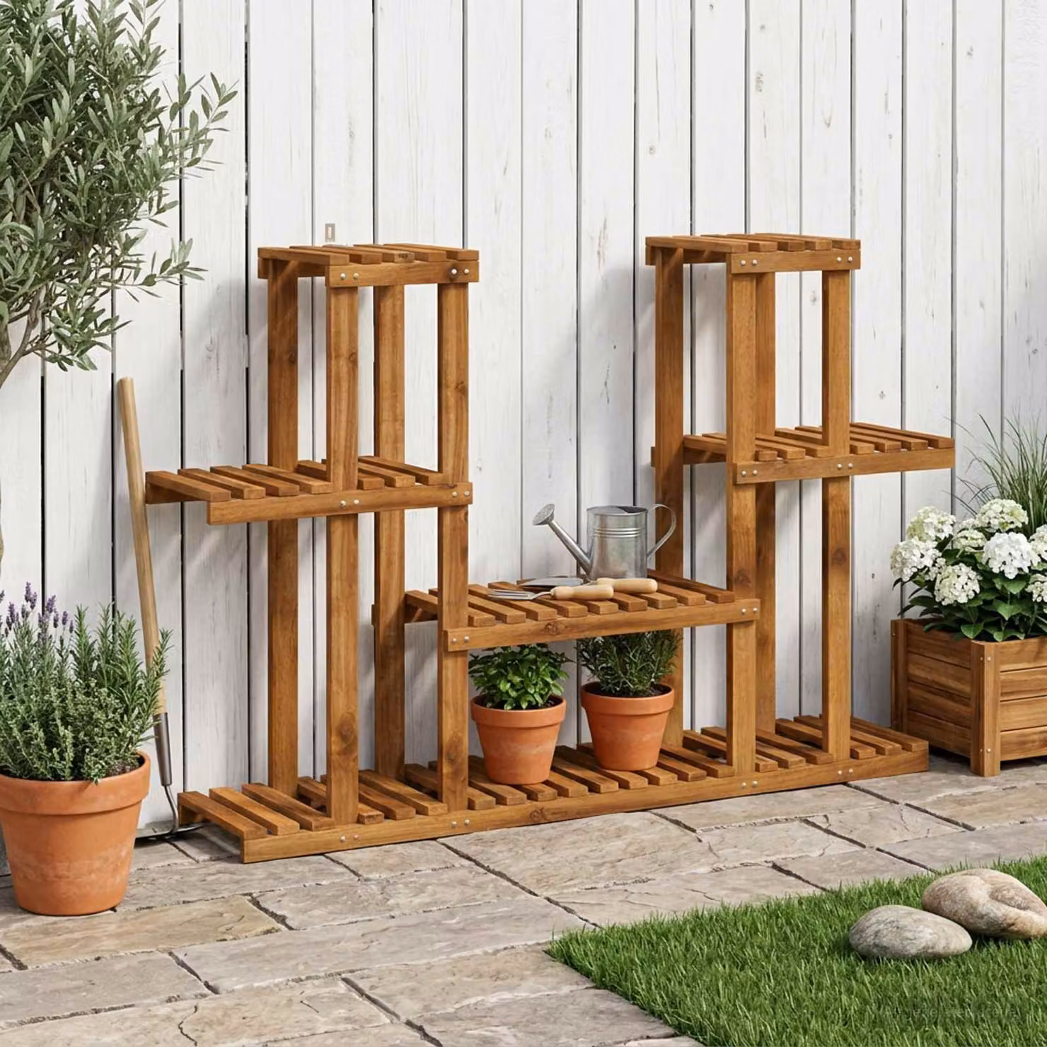vidaXL Supporto per piante in legno di acacia naturale, moderno, L: 123 cm, P: 25 cm, H: 78,5 cm