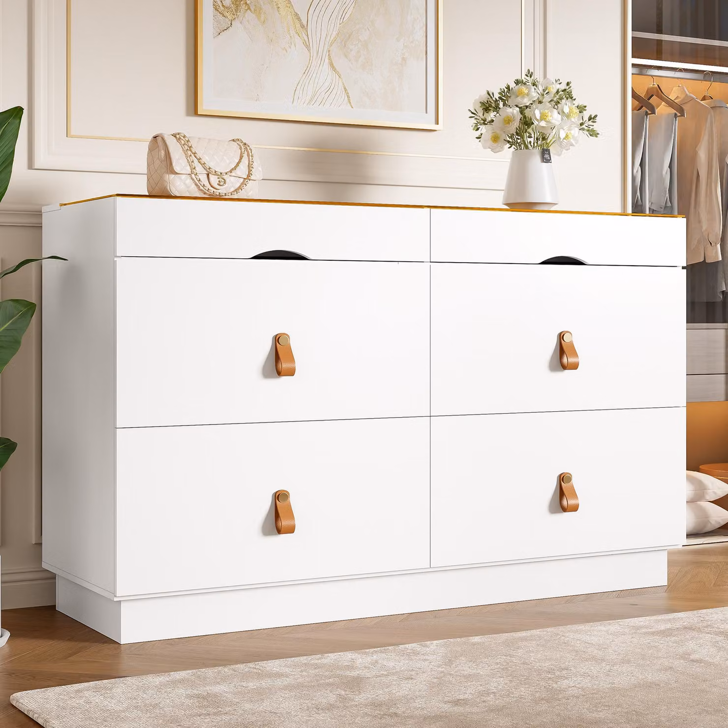 Mobile contenitore a buffet in vetro temperato, cassettiera con 6 cassetti, mobiletto contenitore per camera da letto e tutti gli ambienti, colore bianco