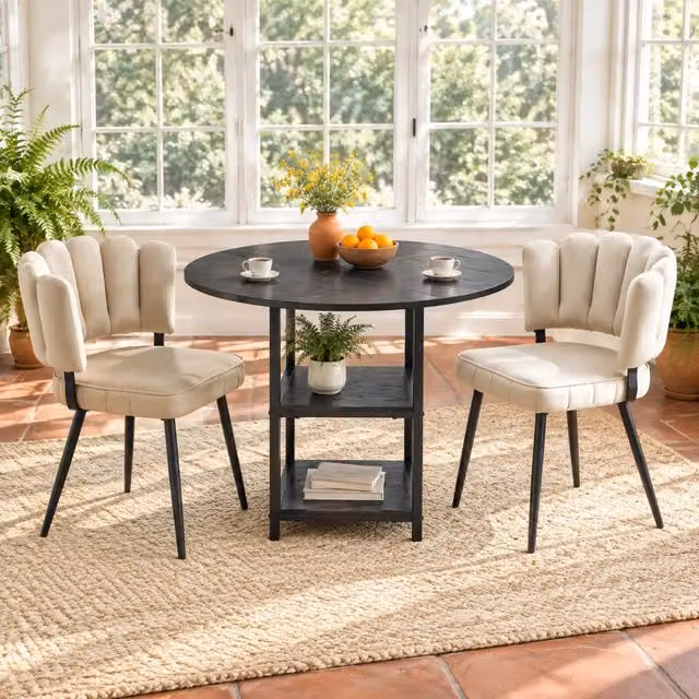 Set tavolo rotondo da 107 cm con doppio ripiano e 2 sedie da pranzo marrone chiaro con schienale a fiore - stile industriale