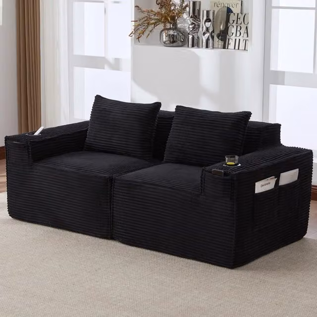 Divano modulare 188x90x75 cm con portabicchieri e tasche laterali in velluto a coste nero