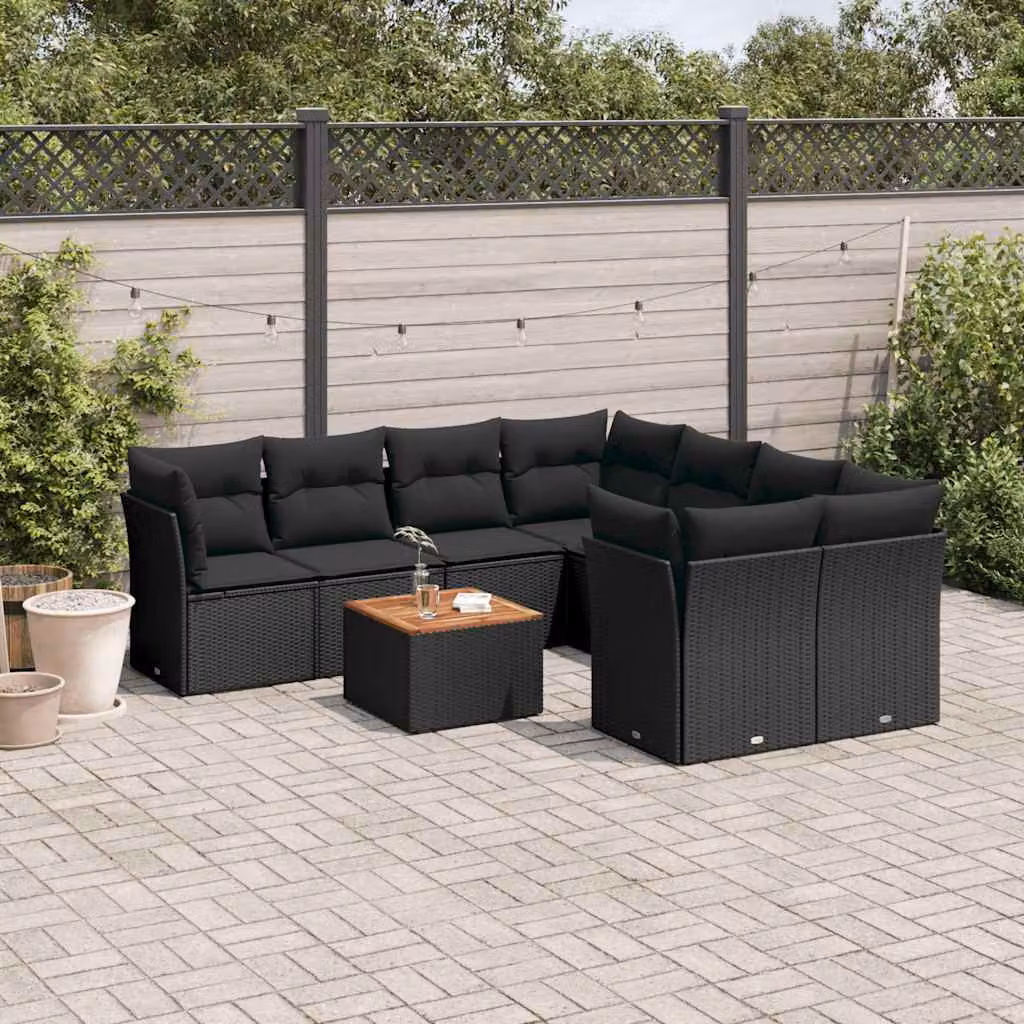 Set di divani da giardino vidaXL in 9 pezzi con cuscini e tavolino da esterno in polyrattan nero – 1