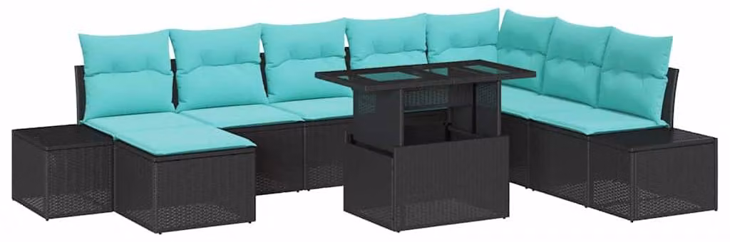 Set da giardino composto da 9 pezzi, colore nero, realizzato in rattan sintetico