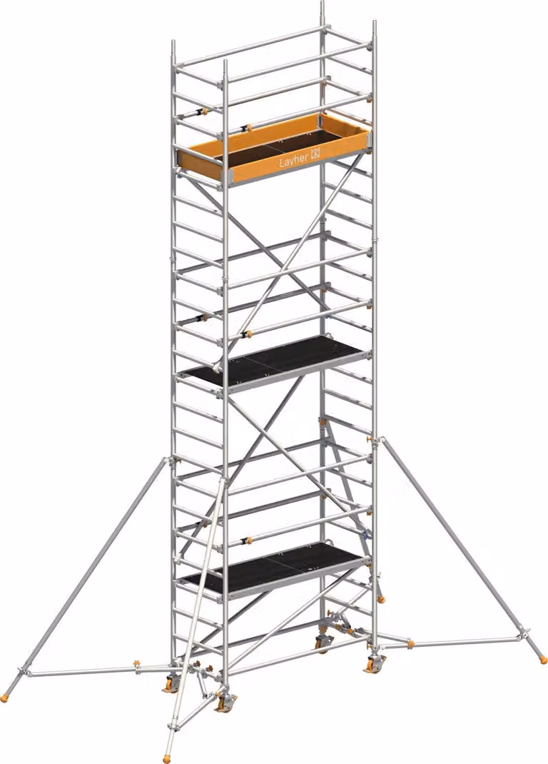 Ponteggio mobile Layher Uni Leicht con struttura di sicurezza P2 e parapetto Uni Telegeländer, nonché montanti estensibili 7,10 m AH