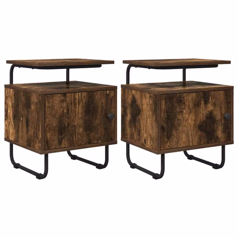 Set di 2 comodini vidaXL in legno ingegnerizzato e metallo, colore Rovere Fumo e Nero, stile moderno per camera da letto