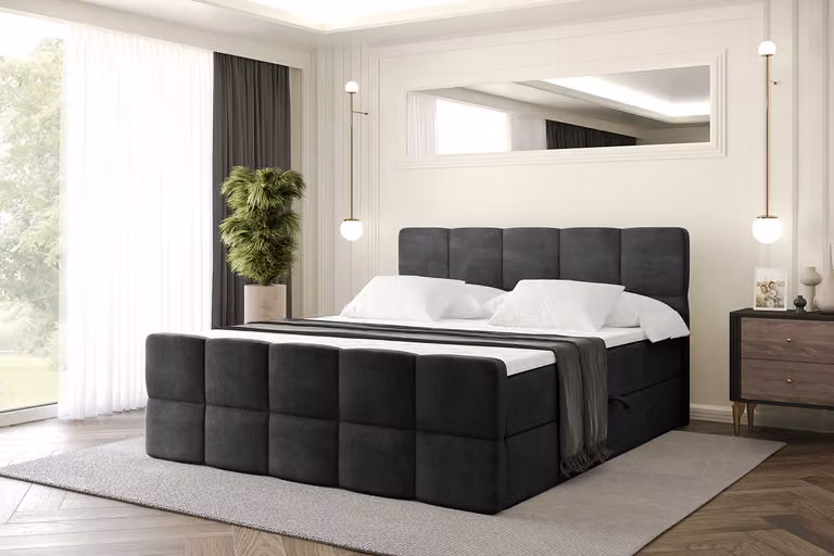 Letto boxspring ALTDECOR con materasso e rete a doghe, topper, letto imbottito con contenitore, letto con spazio contenitivo e materasso H4, letto matrimoniale, letto a cassettone - LIRO-Z - 200x200 - Nero Casablanca