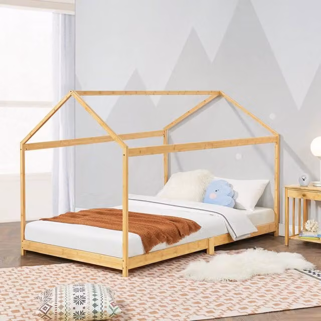 Letto per camerata Vindafjord en.casa a forma di casetta in bambù naturale beige L/P/H: 200 x 90 x 103,5 cm