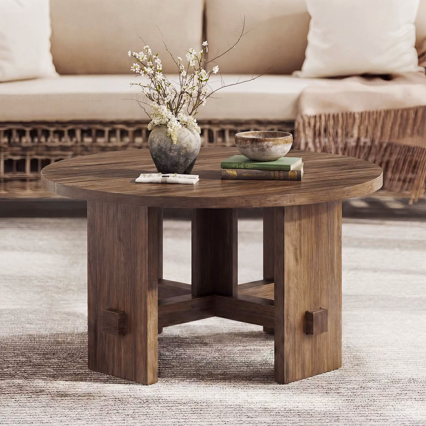 Tavolino rotondo con base, diametro 80 cm, tavolino rotondo piccolo in stile country, complemento d'arredo per soggiorno e appartamento, marrone