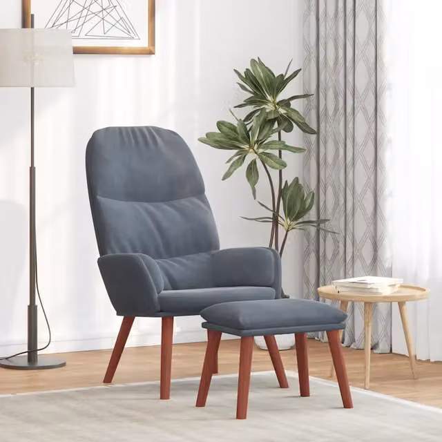 Poltrona Relax Moderna con Poggiapiedi in Velluto Grigio con Braccioli e Struttura in Legno e Metallo