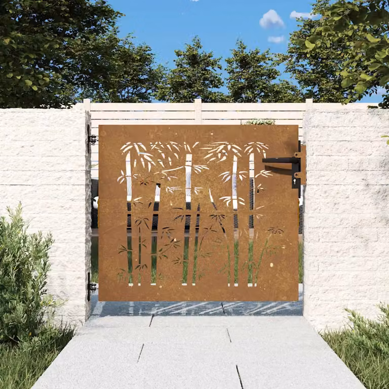 Cancello singolo da giardino vidaXL in acciaio Corten e design in bambù, marrone, L: 85 cm, H: 75 cm