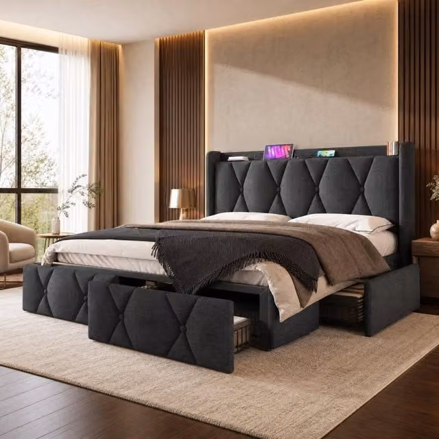 Letto matrimoniale 160x200 cm imbottito grigio in lino con 4 cassetti e porte USB