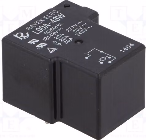 1 relè: elettromagnetico, 30A. Bobina: 48VDC. Serie: L90, L90A-48W, elettromagnetico
