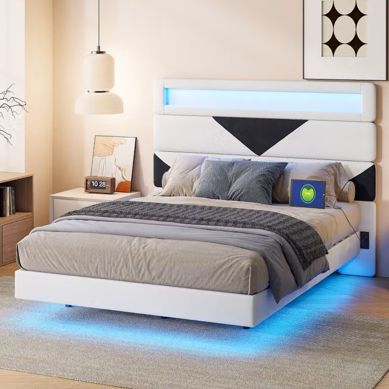 CDGlobal letto imbottito 160 x 200 cm, struttura letto con illuminazione a LED e stazione di ricarica, letto con USB/tipo-c, struttura letto con rete a doghe, letto per ragazzi, letto matrimoniale con testata in velluto, letto per ragazzi