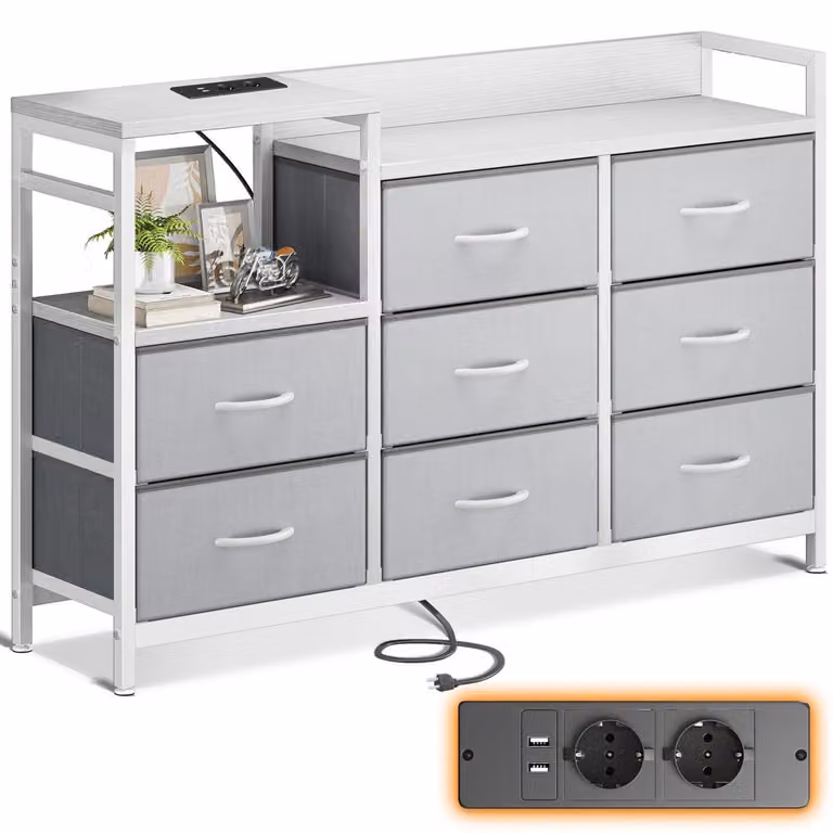 Comodino con 8 cassetti rivestiti in tessuto, 2 porte USB e 2 prese di corrente, dimensioni 132x30x88 cm, colore bianco/grigio chiaro