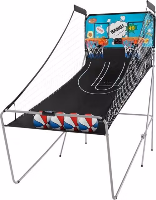 Macchina da pallacanestro arcade a doppio tiro pieghevole con punteggio elettronico multicolore L: 206 cm, P: 110 cm, H: 206 cm