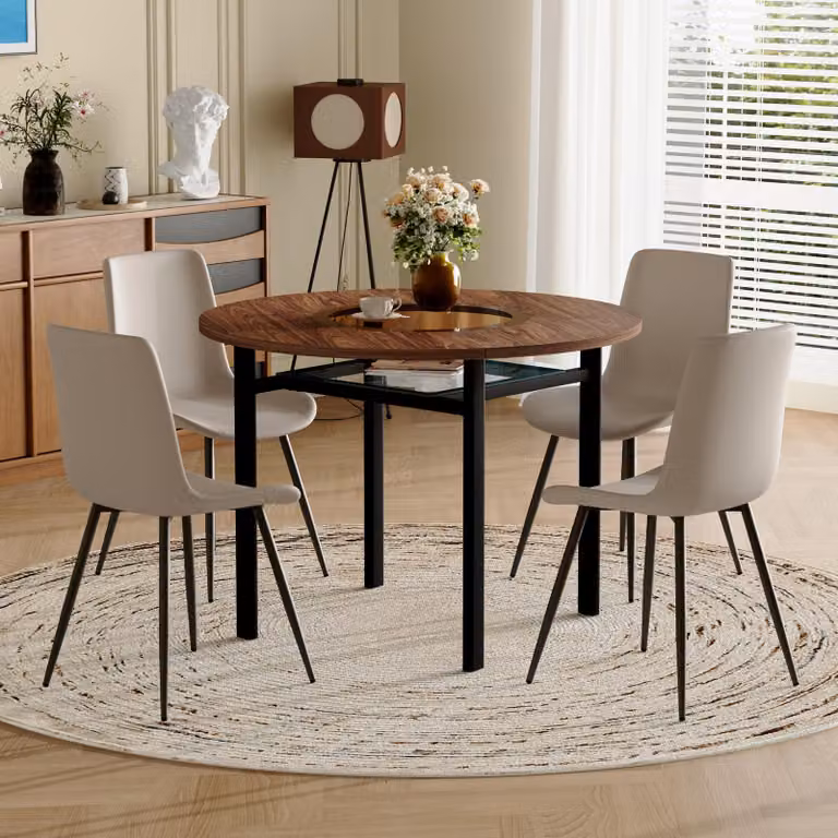 Set da tavolo, tavolo rotondo di 100 cm di diametro, aspetto legno, 2 poltrone in poliuretano, schienale curvo (marrone e nero, grigio caldo)