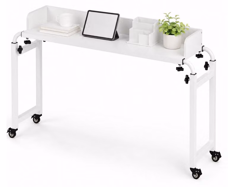 Tavolino regolabile in altezza e lunghezza, con rotelle, per letto, ideale per laptop e per attività di cura personale (bianco)