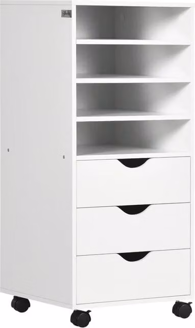 Cassettiera da ufficio Minimal con 3 cassetti e 4 ripiani, colore bianco legno, dotata di 4 ruote