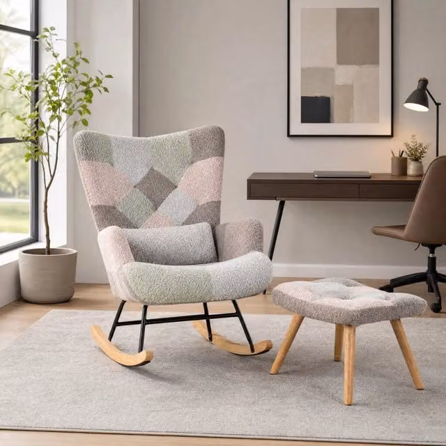 Sedia a dondolo colorata in legno di gomma con poggiapiedi e cuscino lombare, 93 cm altezza, larghezza seduta 43 cm