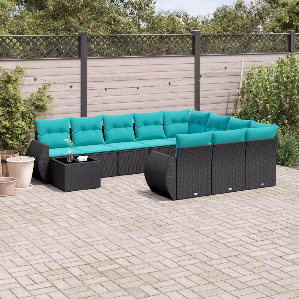 Set Divani da Giardino vidaXL 11 pz a Forma a L con Cuscini e Tavolino, Polyrattan e Metallo, Colore Nero, Blu e Turchese