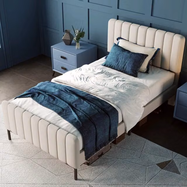 Letto singolo imbottito OKWISH moderno in lino grigio-beige con struttura in legno e metallo, L/P/H: 90 x 200 cm