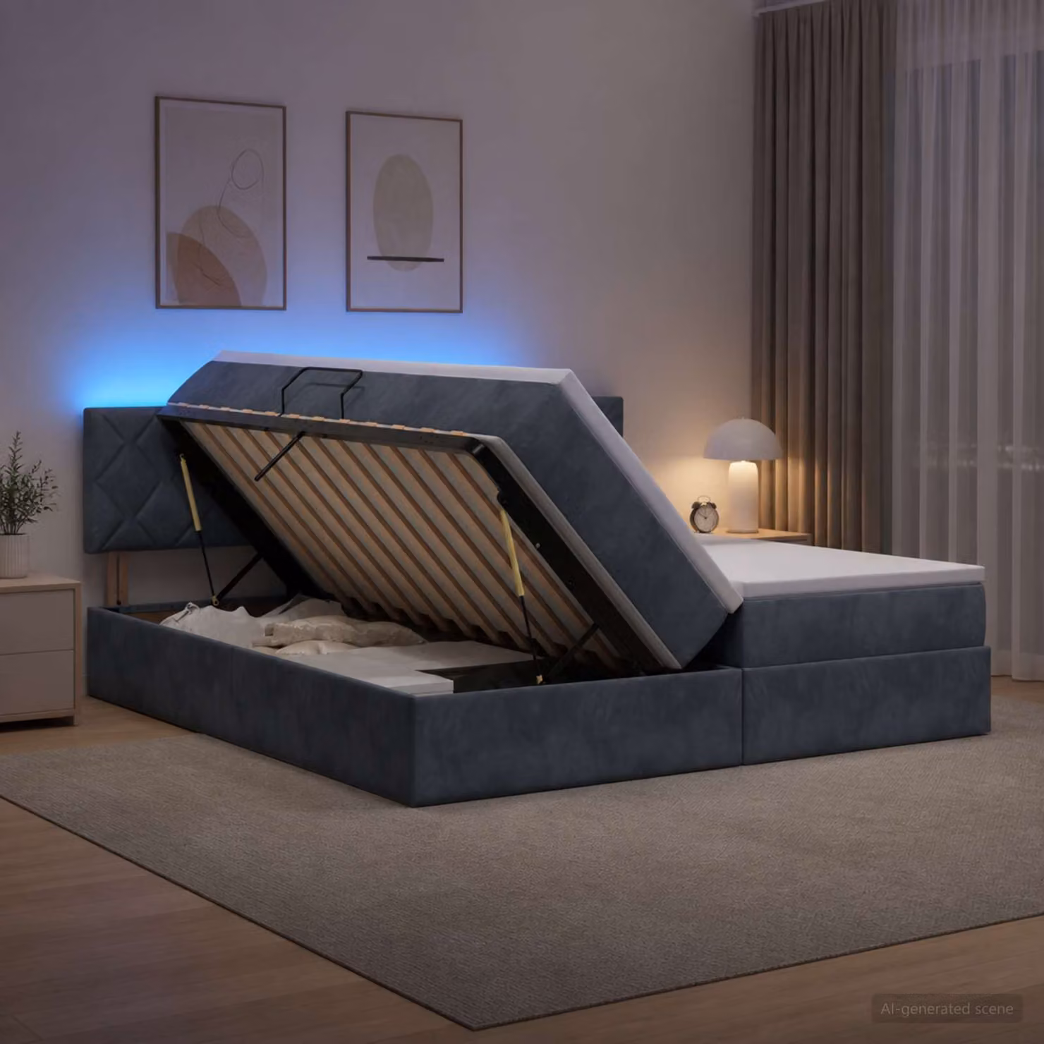 Letto con contenitore vidaXL in tessuto grigio con illuminazione LED e porta USB, L 180 x P 200 cm