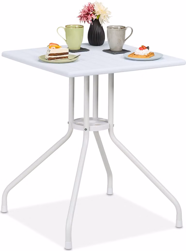 Tavolo da giardino Relaxdays, dimensioni: 73 x 62 x 62 cm, tavolo da balcone effetto legno, plastica, metallo, tavolo da terrazza quadrato, bianco