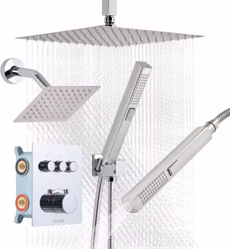 Set Doccia VEVOR Cromato con Sistema a Pioggia da 304 mm, Soffione a Parete da 152,4 mm e Doccetta, 3 Funzioni e Valvola in Ottone, Colore Argento