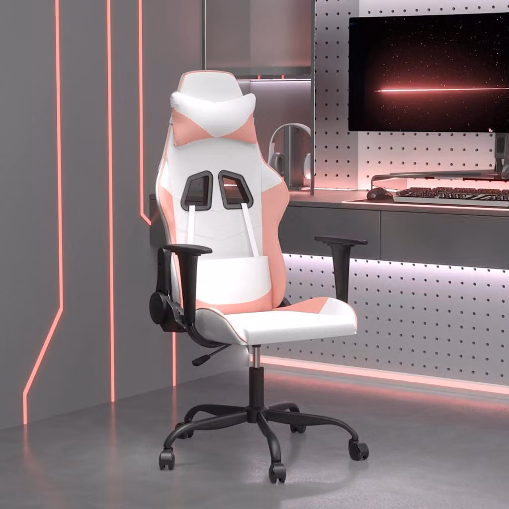 Sedia da Gaming vidaXL in Similpelle Bianco e Rosa con Poggiatesta e Ruote