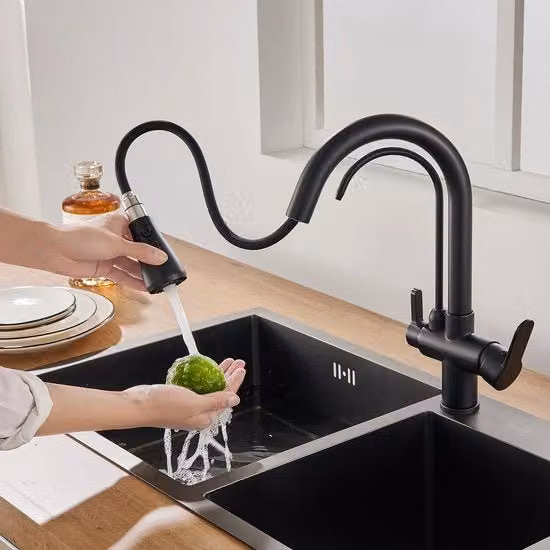 Keukenkraan 3 vie, cassa in ottone, 360° girevole con sifone estensibile, rubinetto per acqua potabile con 2 maniglie, 3-in-1 keukenmengkraan per filtro acqua, nero
